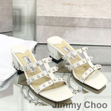 Jimmy Choo Hazal 45 Diapositive Tacco Donna In Pelle Nappa Con Borchie Perla Bianca