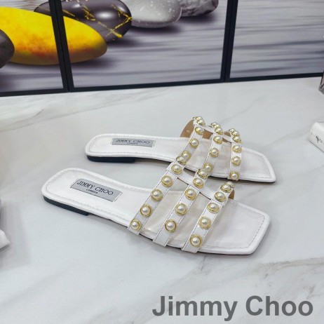 Jimmy Choo Hazal Diapositive Donne Brevetto In Pelle Con Borchie Perla Bianca