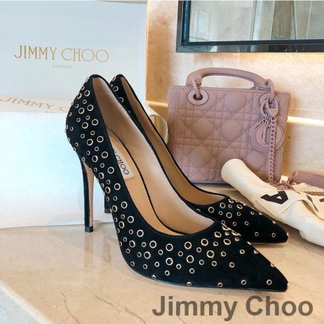 Jimmy Choo Amore 100 Pompe Di Donne In Pelle Scamosciata Con Grommeted In Metallo Di Colore Nero