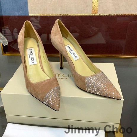 Jimmy Choo Amore 85 Pompe Di Donne In Pelle Scamosciata Con Asimmetrico Cosparso Di Cristalli Rosa