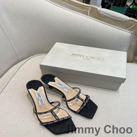 Jimmy Choo Maelie 60 Diapositive Tacco Donna Tessuto Glitter Con Logo-Nastro Intrecciato Nero