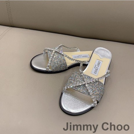 Jimmy Choo Minea Diapositive Donna Tessuto Glitter Con Catena Cristallo Argento