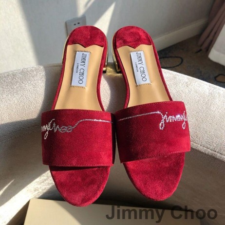 Jimmy Choo Minea Diapositive Donne In Camoscio Con Cristalli Rosso Impreziosito Da
