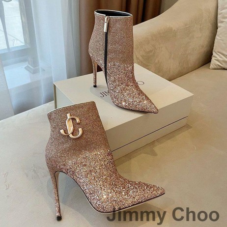 Jimmy Choo Minori 105 Caviglia Stivaletti Donna Glitter si Degradano Con il JC Emblema Oro Rosa