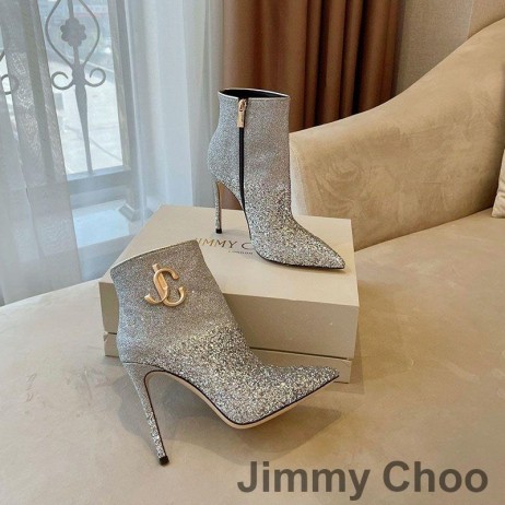 Jimmy Choo Minori 105 Caviglia Stivaletti Donna Glitter si Degradano Con il JC Emblema d'Argento