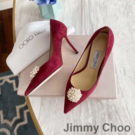 Jimmy Choo Romy Pompe Di Donne In Pelle Scamosciata Con Perla Impreziosito Borgogna