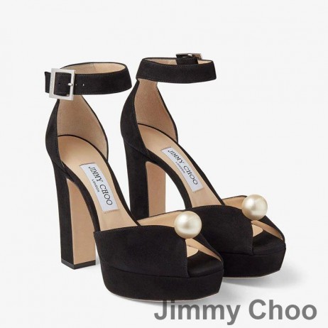 Jimmy Choo Socorie 115 Piattaforma Sandali Donna In Pelle Scamosciata Con Perla Dettagli Nero