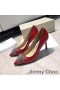 Jimmy Choo Joan 85 Pompe Donna Tessuto Glitter Con Fuochi D'Artificio Di Cristallo Rosso
