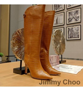 Jimmy Choo Alizze 90 Ginocchio Stivaletti Donna Coccodrillo Goffrato Pelle Marrone