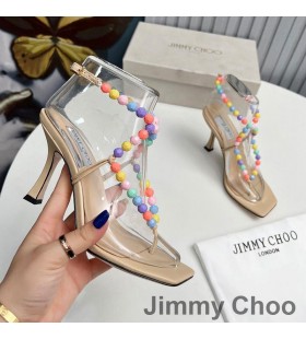 Jimmy Choo Amiral 85 Sandali Donna In Pelle Nappa Con Perline Di Rafia Albicocca