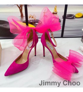 Jimmy Choo Averly 100 Pompe Di Donne In Pelle Scamosciata Con Il Maxi-Maglia Fiocchi Rosa