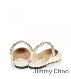 Jimmy Choo Bing Piatto Muli Donne Di Brevetto In Pelle Con Cristalli Cinturino Beige