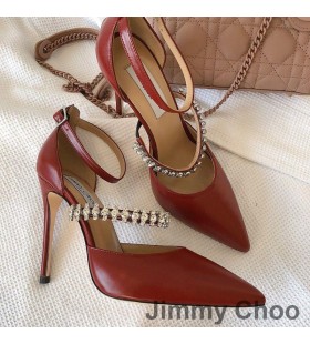 Jimmy Choo Bobbie 100 Pompe Di Donne Brevetto In Pelle Con Cristalli Cinturino Rosso