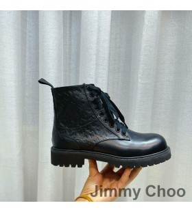 Jimmy Choo Cora Piatto Stivali da Combattimento Donne Mescolare in Pelle Con JC Monogram Nero