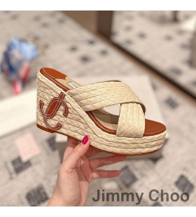 Jimmy Choo Dovina 95 Cuneo Diapositive Donne Rafia Naturale Con JC Monogram Beige
