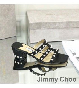 Jimmy Choo Hazal 45 Diapositive Tacco Donna In Pelle Nappa Con Borchie Perla Nera