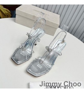 Jimmy Choo Indiya 85 Sandali Donna In Pelle Nappa Con Cuori Di Cristallo D'Argento