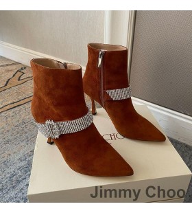 Jimmy Choo Kaza 85 Caviglia Stivaletti Donna In Camoscio Con Cristalli Cinturino Marrone