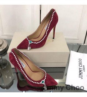 Jimmy Choo Amore 100 Pompe Di Donne In Velluto Con Crystal Mix Collana Borgogna