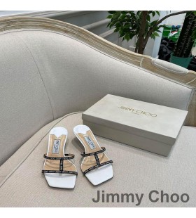 Jimmy Choo Maelie 60 Diapositive Tacco Donna In Pelle Di Pecora Con Il Logo Tessuto Nastro Bianco
