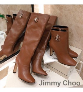 Jimmy Choo Mahesa 100 Ginocchio Stivaletti Donna in Pelle di Vitello Con JC Emblema Marrone