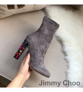 Jimmy Choo Maine 100 Stivaletti Donna In Camoscio Con Cristallo Impreziosito Tacco Grigio