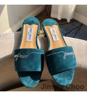 Jimmy Choo Minea Diapositive Donne In Camoscio Con Cristalli Impreziosito Verde