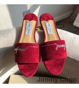 Jimmy Choo Minea Diapositive Donne In Camoscio Con Cristalli Rosso Impreziosito Da