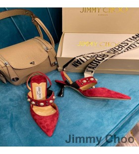 Jimmy Choo Ray 65 Pompe Slingback Donna In Pelle Scamosciata Con Perle Rosse