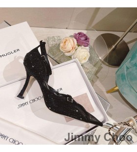 Jimmy Choo x Mugler Cinturino 90 Pompe di Donne in Pelle di Pecora Con Cristallo Nero