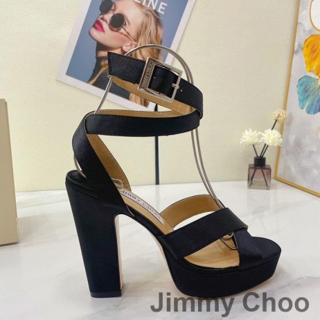 )Jimmy Choo(ジミーチュー)ガイア115Platform女性のサンダルサテン黒