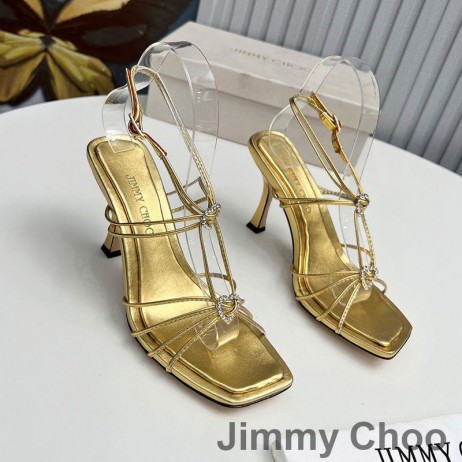 Jimmy Choo Indiya 85 Sandaler Kvinner Nappa Skinn Med Krystall Hjerter Gull