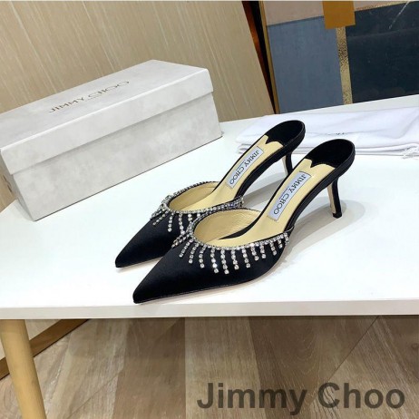 Damskie Sandały Jimmy Choo Saeda 65 Z Satyny Z Kryształowej Miodowej Łańcuchem W Kolorze Czarnym