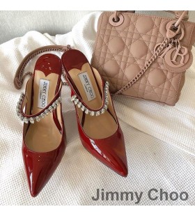 Damskie Мюли Jimmy Choo Bing 100 Z Lakierowanej Skóry Z Paskiem Z Kryształu Koloru Czerwonego