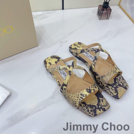 Jimmy Choo Anason Slide-Uri De Femei Elaphe Cu Metalic Lucios Galben
