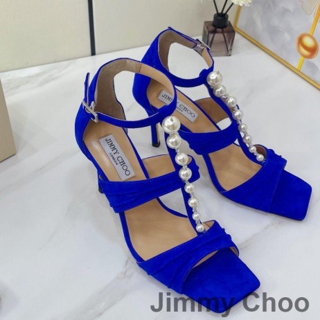 Jimmy Choo Aura 85 Sandale Femei Piele Cu Perle Si Cristale Albastre