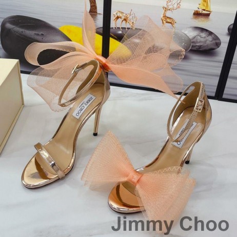 Jimmy Choo Aveline 100 Sandale Femei Din Piele Nappa Cu Supradimensionate Plasă De Arcuri Crescut De Aur