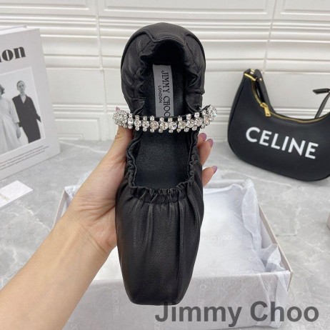 Jimmy Choo Gai Apartamente Balerina Femei Nappa Cu Cristal Curea Negru