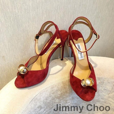 Jimmy Choo Fildeș Sandale Femei Piele De Căprioară Cu Perla Detaliu Rosu
