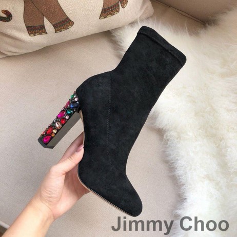Jimmy Choo Maine 100 Glezna Cizme Femei Piele De Căprioară Cu Cristal Impodobita Cu Toc Negru