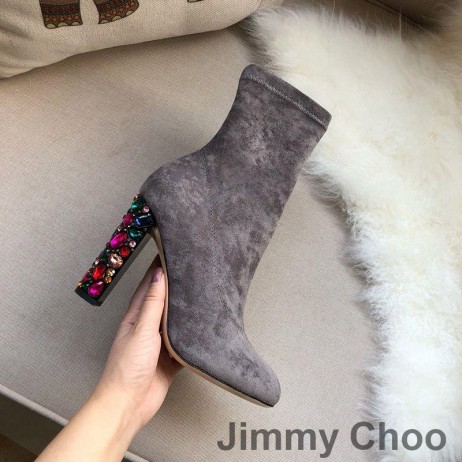 Jimmy Choo Maine 100 Glezna Cizme Femei Piele De Căprioară Cu Cristal Impodobita Cu Toc Gri