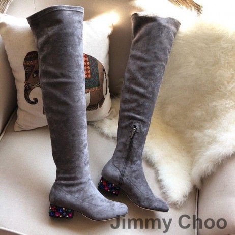 Jimmy Choo Maine Genunchi Cizme Femei Piele De Căprioară Cu Cristal Impodobita Cu Toc Gri