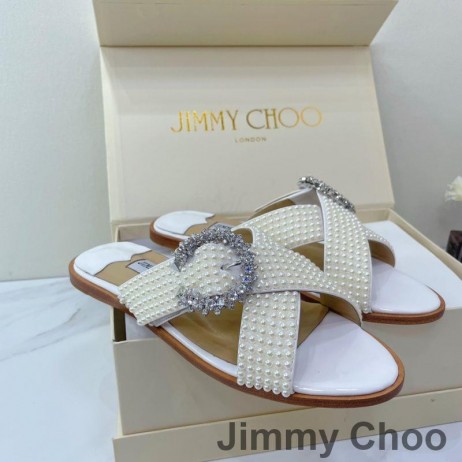 Jimmy Choo Marle Slide-Uri De Femei Din Piele De Brevet Cu Perle Si Cristale Catarama Alb