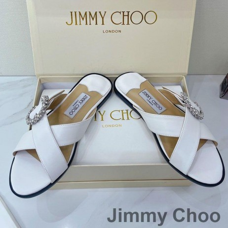 Jimmy Choo Marle Slide-Uri De Femei Din Piele De Oaie Cu Cristale Catarama Alb