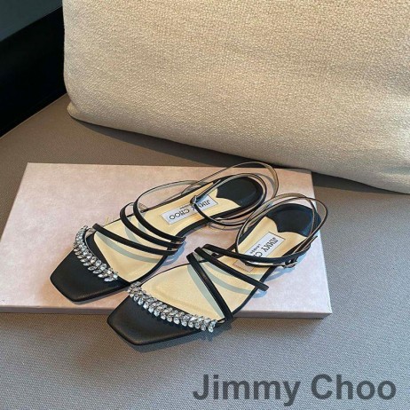 Jimmy Choo Meira Sandale Femei Din Piele Nappa Cu Frunze De Cristal Decor Negru