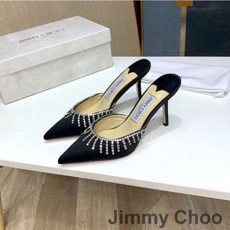Jimmy Choo Saeda 85 Catâri Femei Din Satin Cu Cristale De Miere Lanț Negru