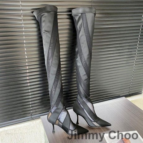 Jimmy Choo x Mugler Peste Genunchi 105 Ciorap Botine Femei cu Dungi Mesh Negru