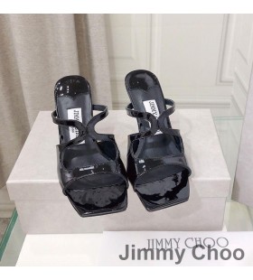 Jimmy Choo Anason 85 Cu Toc Slide-Uri De Femei Din Piele De Brevet Negru/Alb