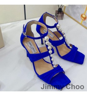 Jimmy Choo Aura 85 Sandale Femei Piele Cu Perle Si Cristale Albastre