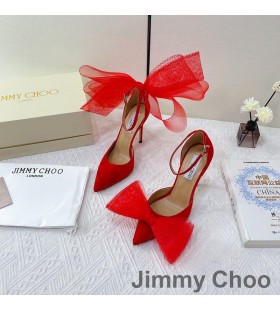 Jimmy Choo Averly 100 Pompe De Piele De Căprioară Femei Cu Supradimensionate Plasă De Arcuri Rosii